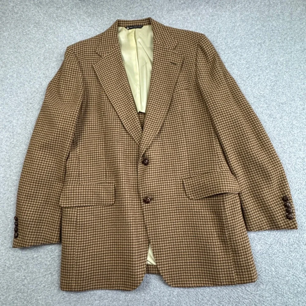Aquascutum London Vintage Pure Virgin Wool Houndstooth Blazer Brown Mens 44